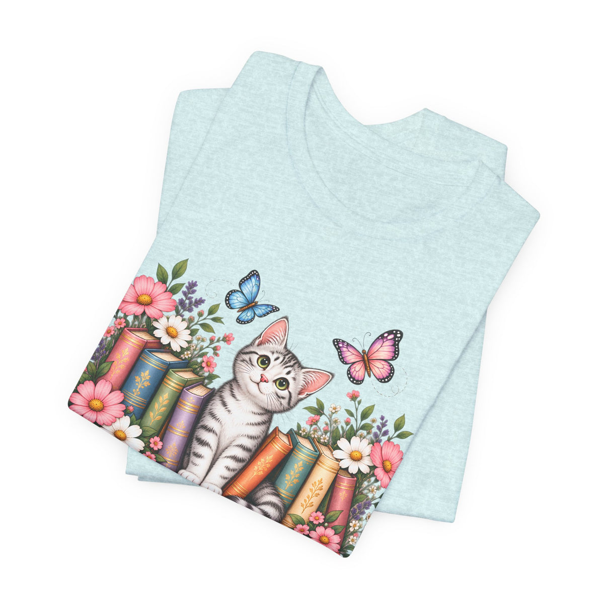 Cat & Books T-Shirt, Cute Floral Kitten & Butterfly Tee - 14526