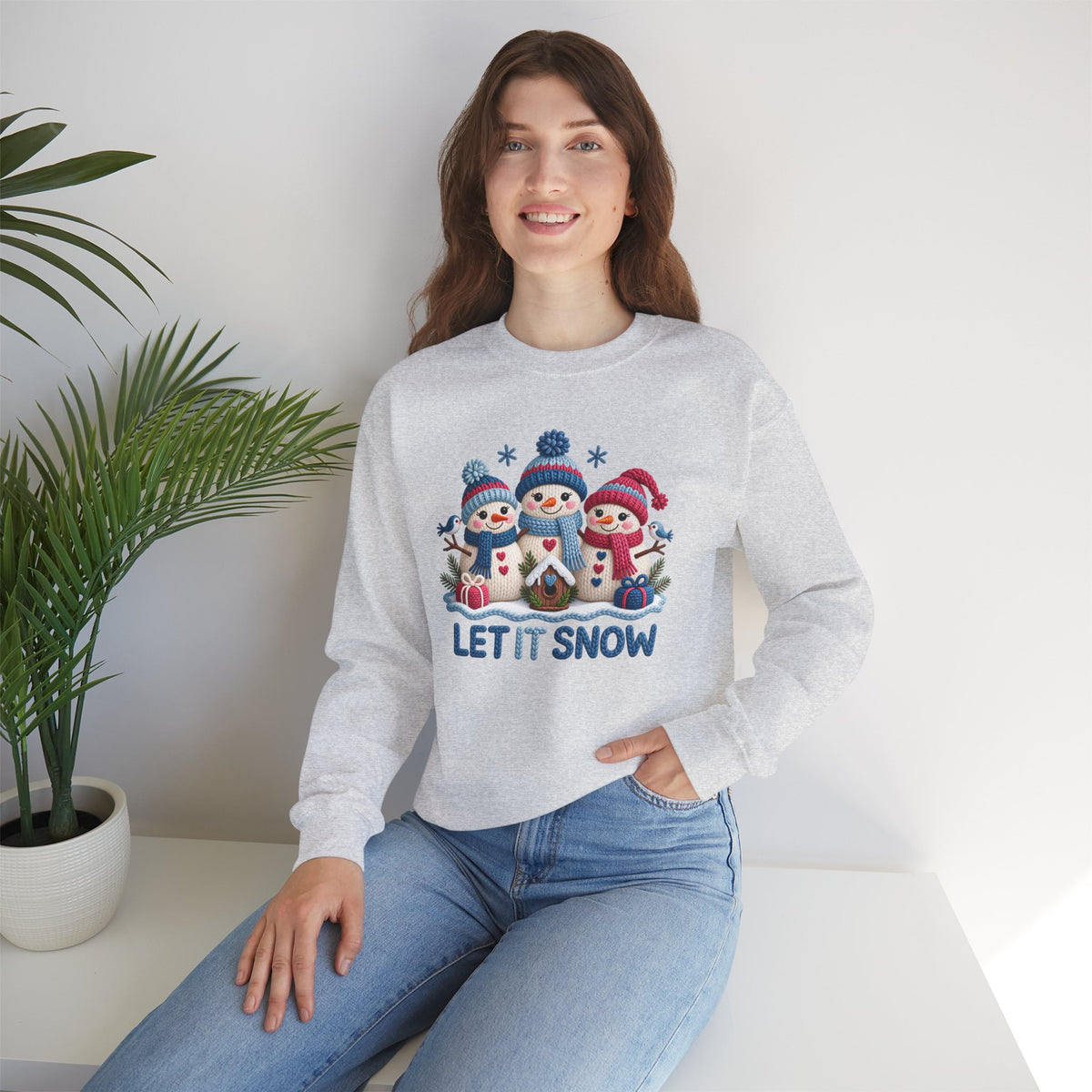 Let It Snow Sweatshirt, Cute Knitted Snowmen Christmas Crewneck - 14570