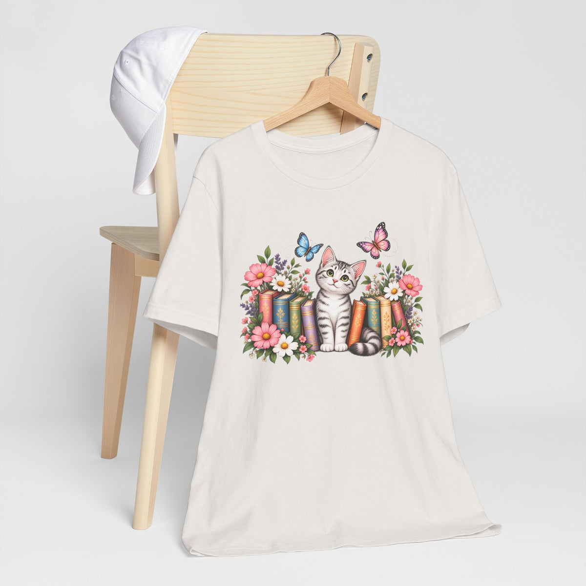 Cat & Books T-Shirt, Cute Floral Kitten & Butterfly Tee - 14526