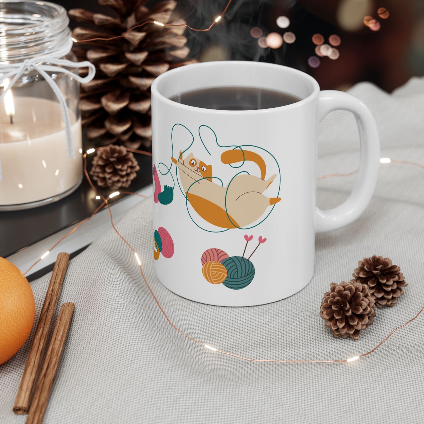 Cats Playing With Knitting Yarn - Ceramic Mug, (11oz, 15oz) - 11244