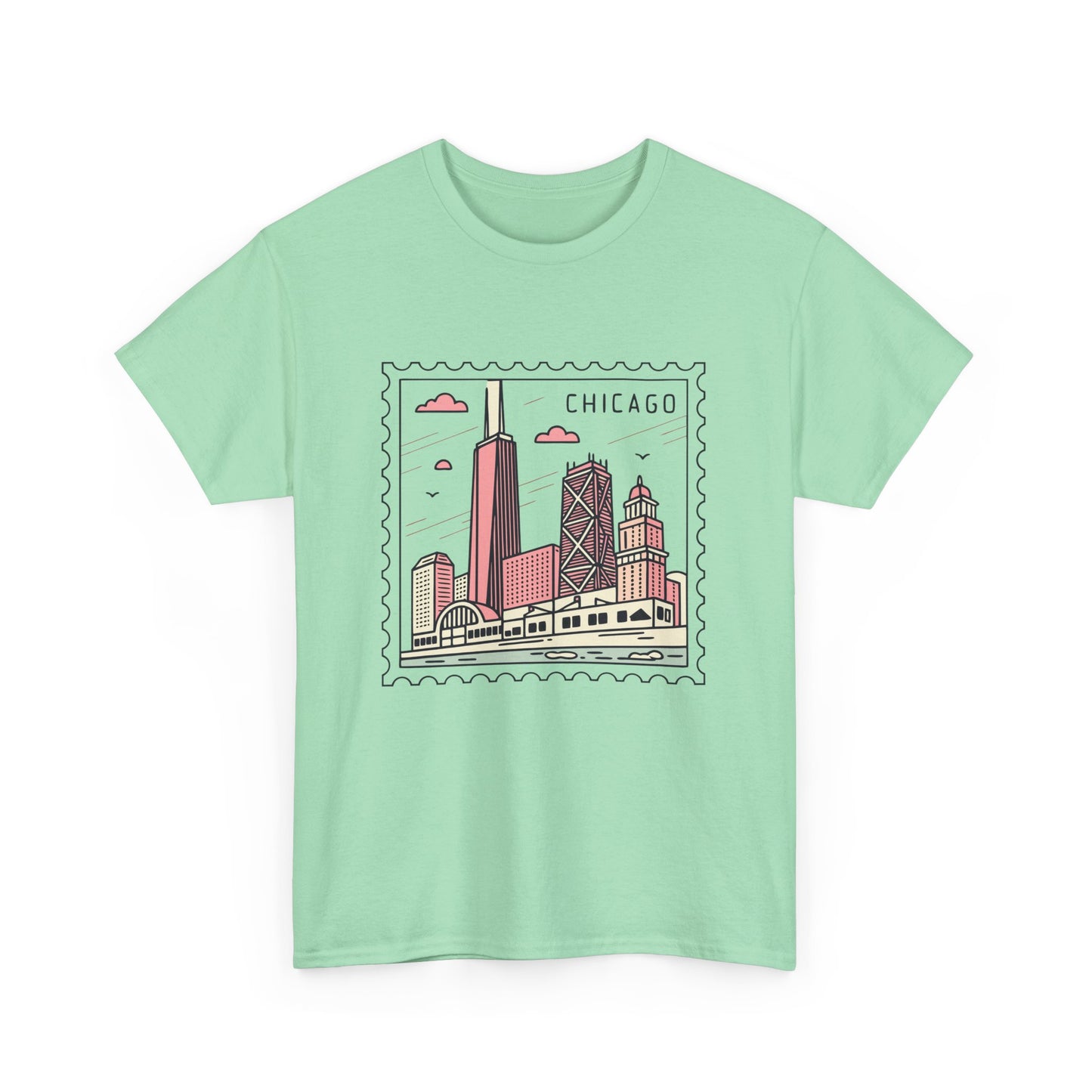 Chicago Skyline Postage Stamp Unisex Heavy Cotton Tee - 12130