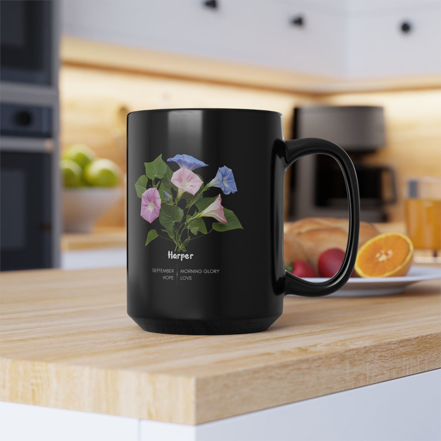 The Happy Birthday: September Born, Morning Glory Flower, Customizable - Black Mug (11oz, 15oz)