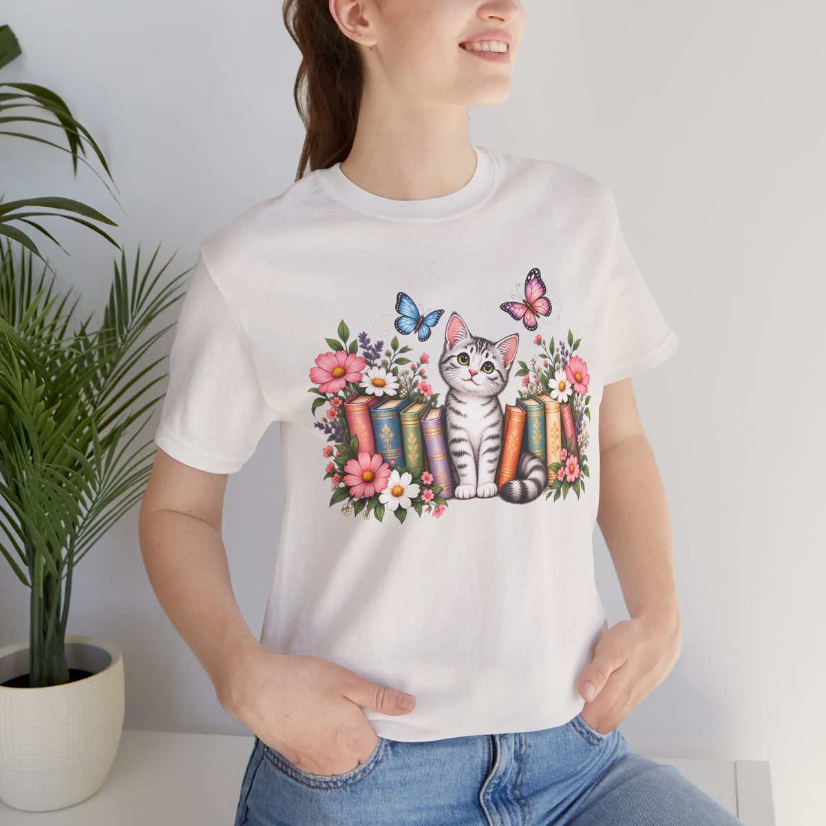 Cat & Books T-Shirt, Cute Floral Kitten & Butterfly Tee - 14526
