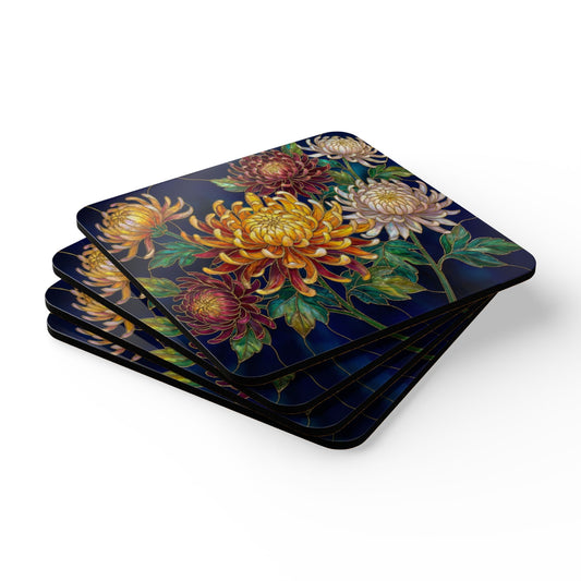 Chrysanthemum Floral  Cork Coaster Set – Vintage Bouquet Drink Coasters (4-Pack) - 14621