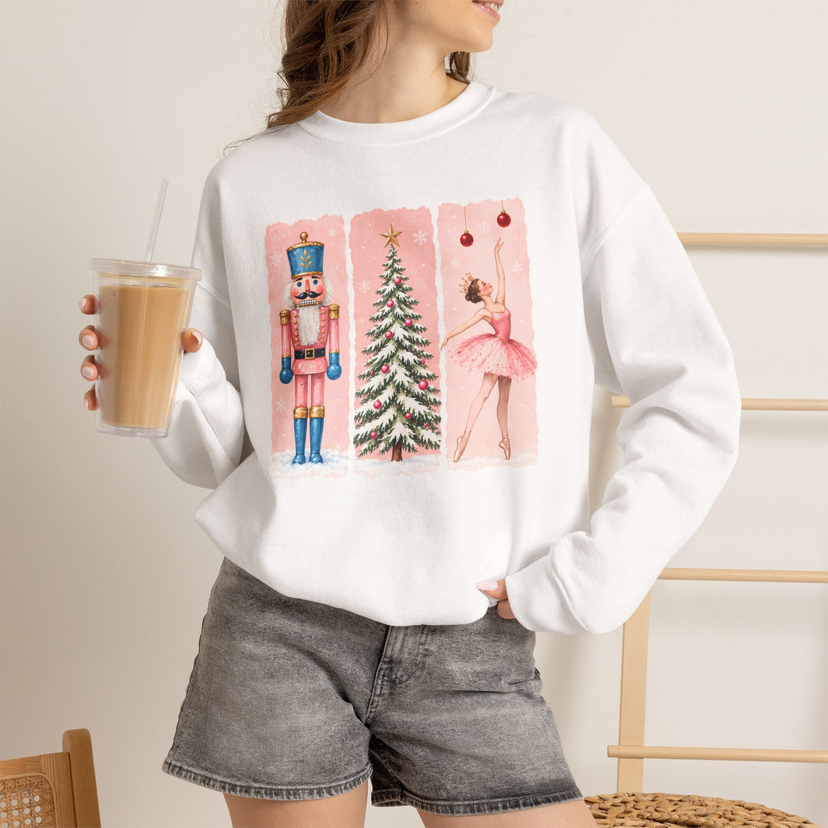 Christmas Nutcracker & Ballerina Sweatshirt, Vintage Pink Holiday Crewneck - 14568