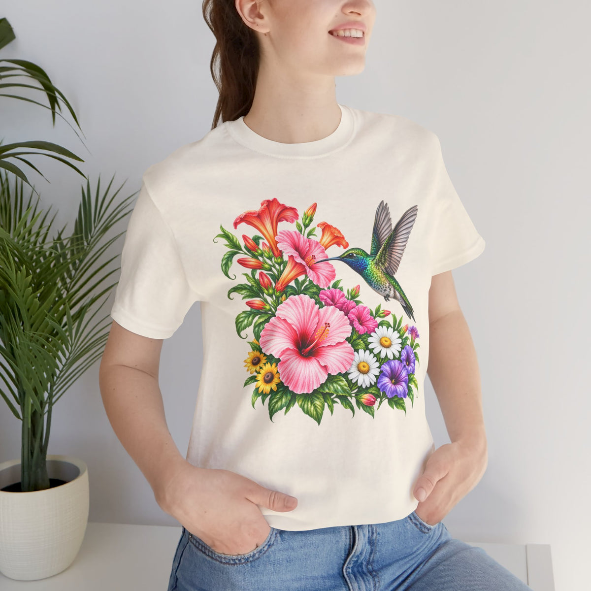 Hummingbird & Hibiscus T-Shirt, Colorful Tropical Floral Garden Tee - 14542