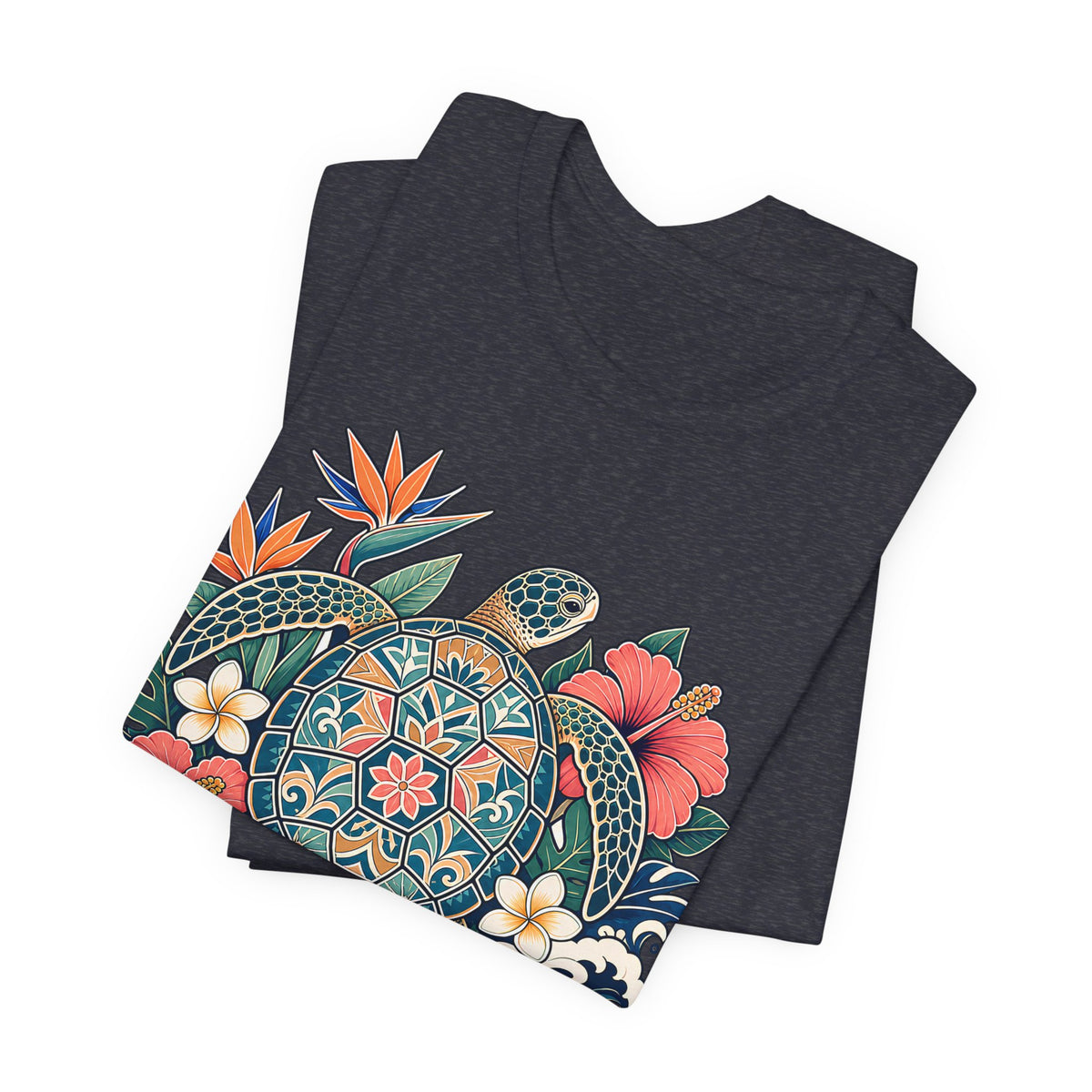 Sea Turtle Floral T-Shirt, Hawaiian Turtle Graphic Tee - 14973