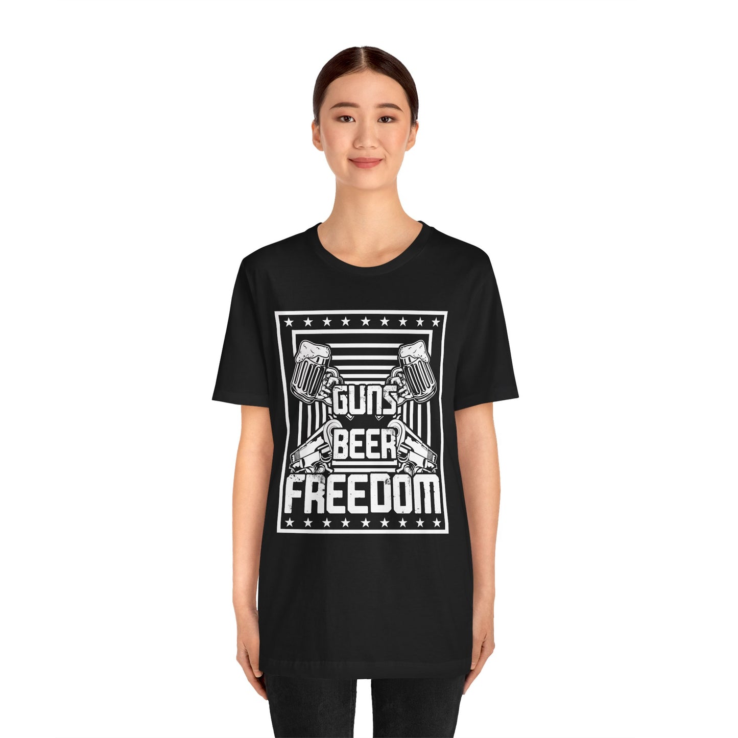 4th of July, Guns Beer Freedom Unisex Tee, Casual Shirt, Patriotic Apparel, Gift for Him, Party Tee, Everyday Wear - 13598