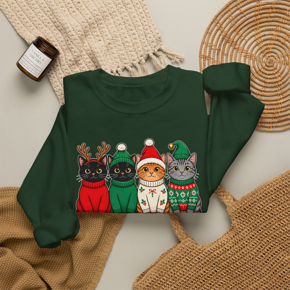 Feline Festive Sweatshirt, Cute Christmas Cats Crewneck - 14564