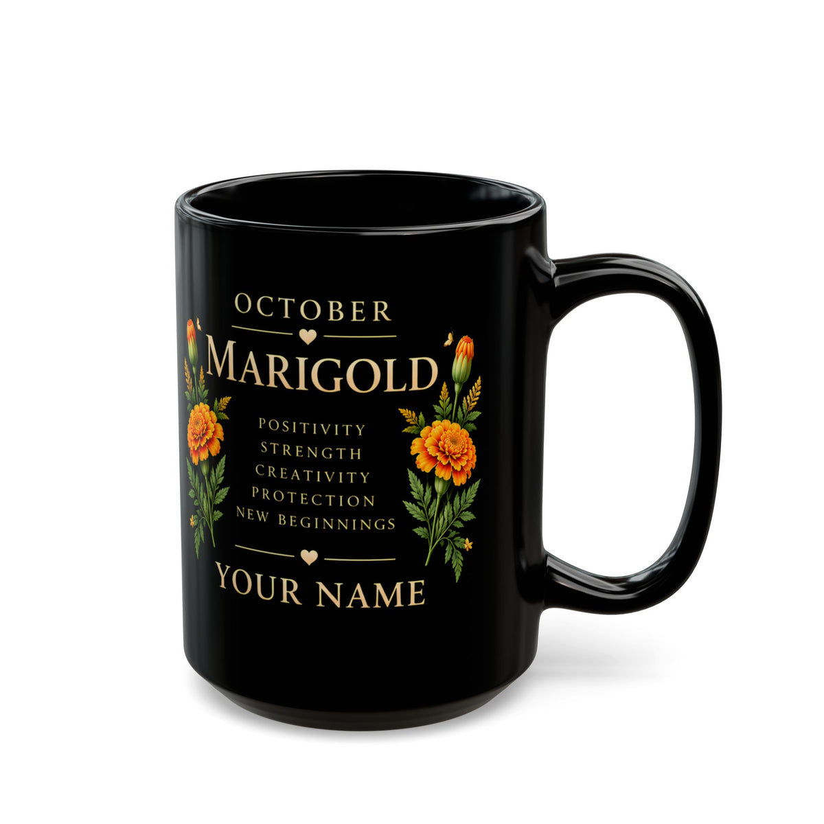 Personalized October Marigold Black Mug, Custom Name Birth Flower Coffee Cup - 14977