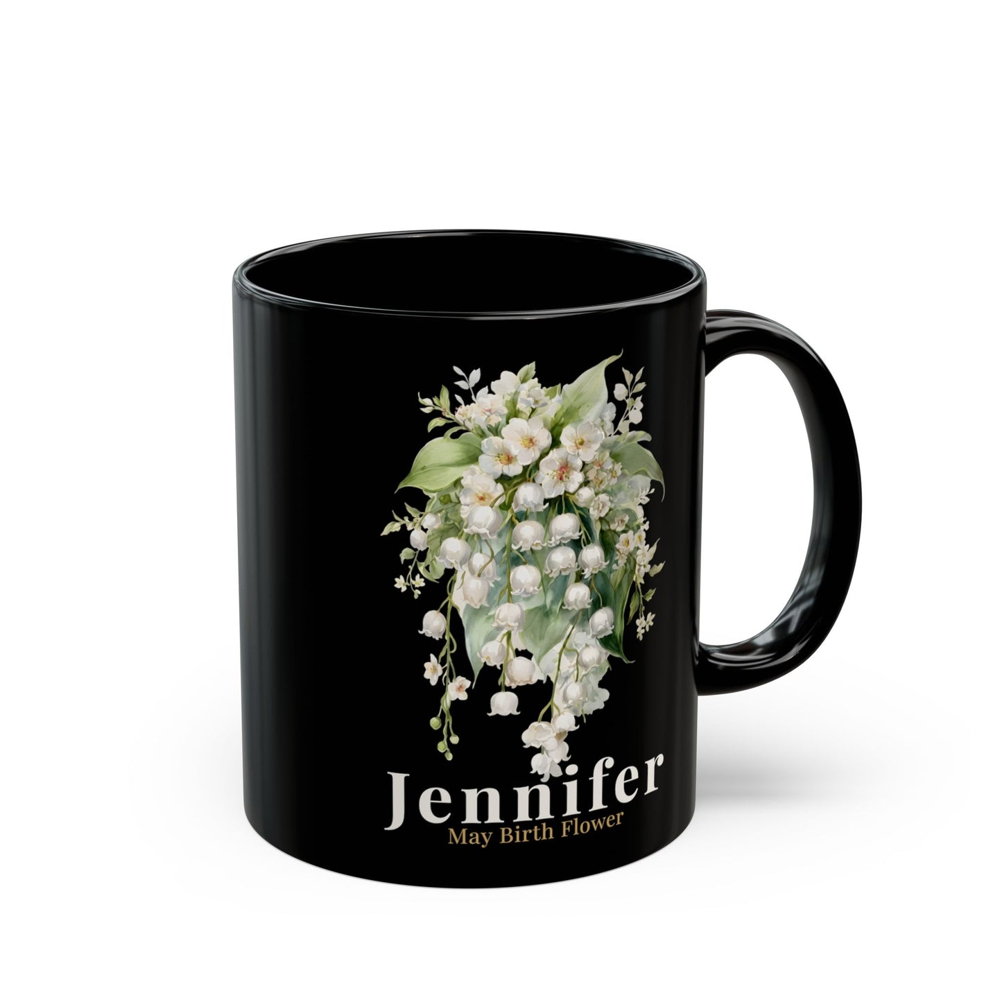 Custom Name May Birth Flower Mug – Lily of the Valley Personalized 15oz Black Mug Gift for Her - 14885