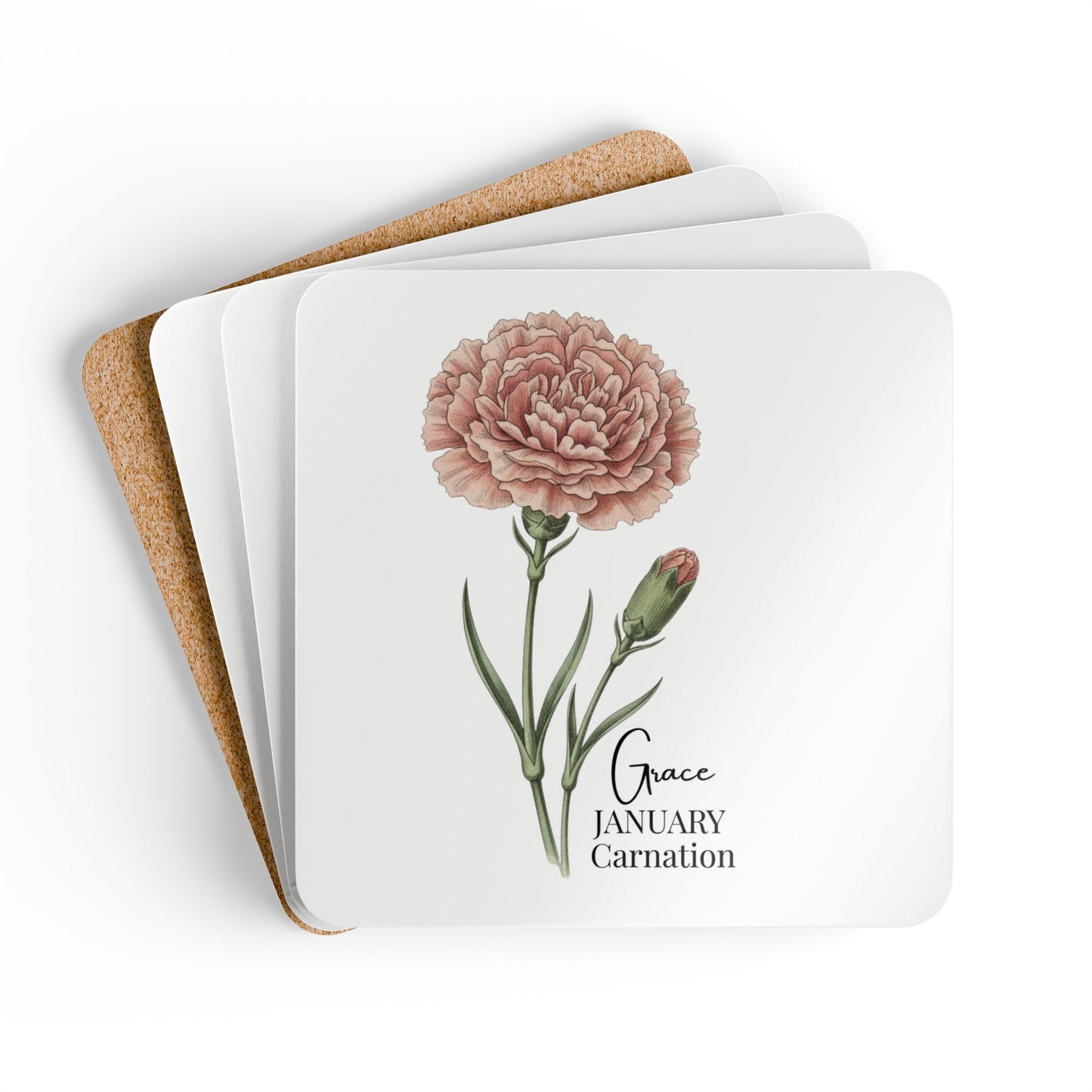 January Birth Flower Carnation Cork Coaster Set – Personalized Name Gift - 14690