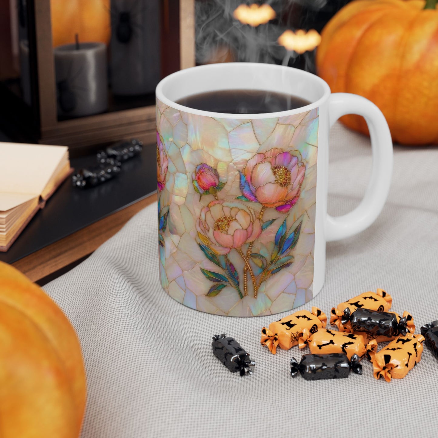 Floral Mosaic Ceramic Mug — Iridescent Peony Stained-Glass Design (11oz & 15oz) - 14518