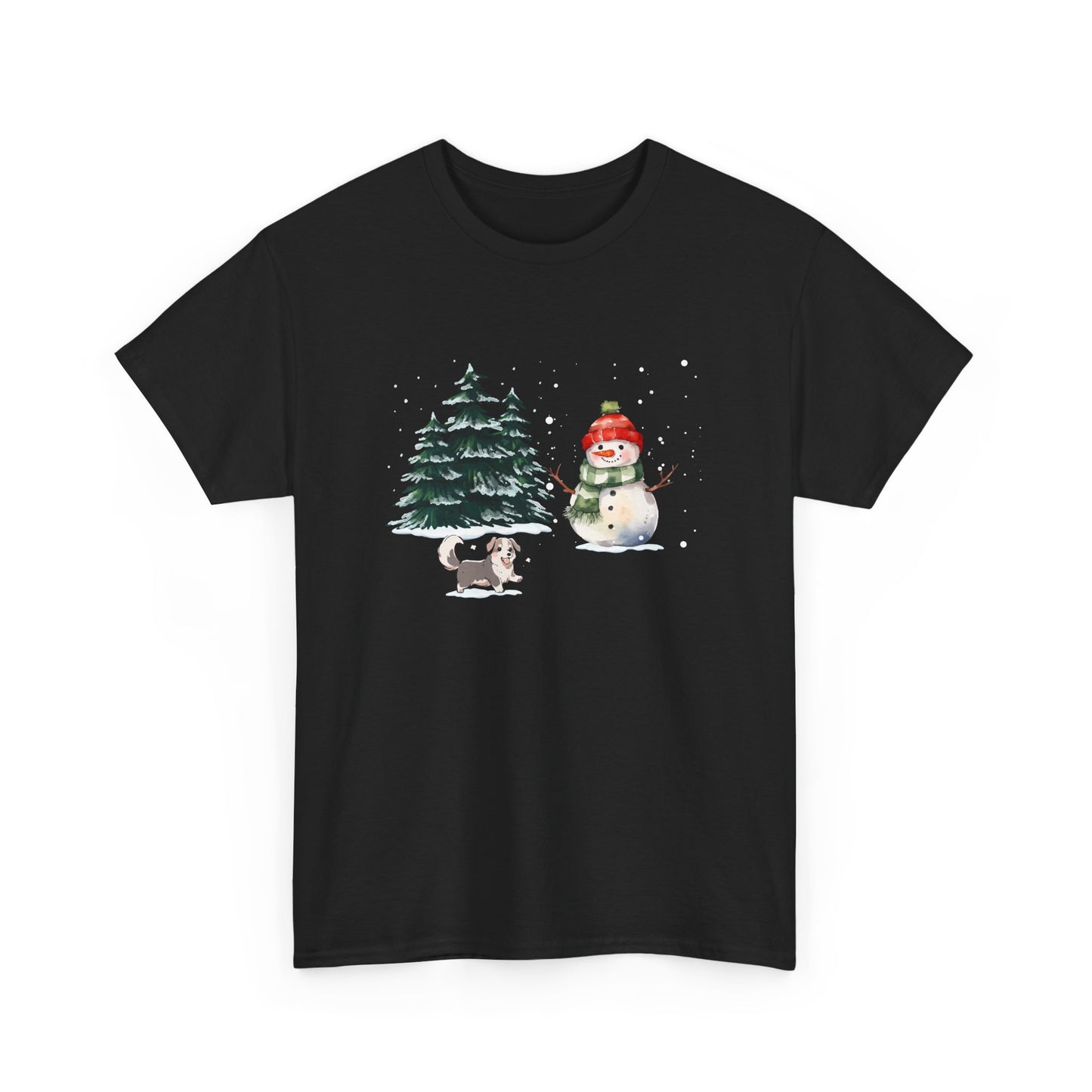 Winter Trees, Snowman & Puppy - Unisex Heavy Cotton Tee - 10278