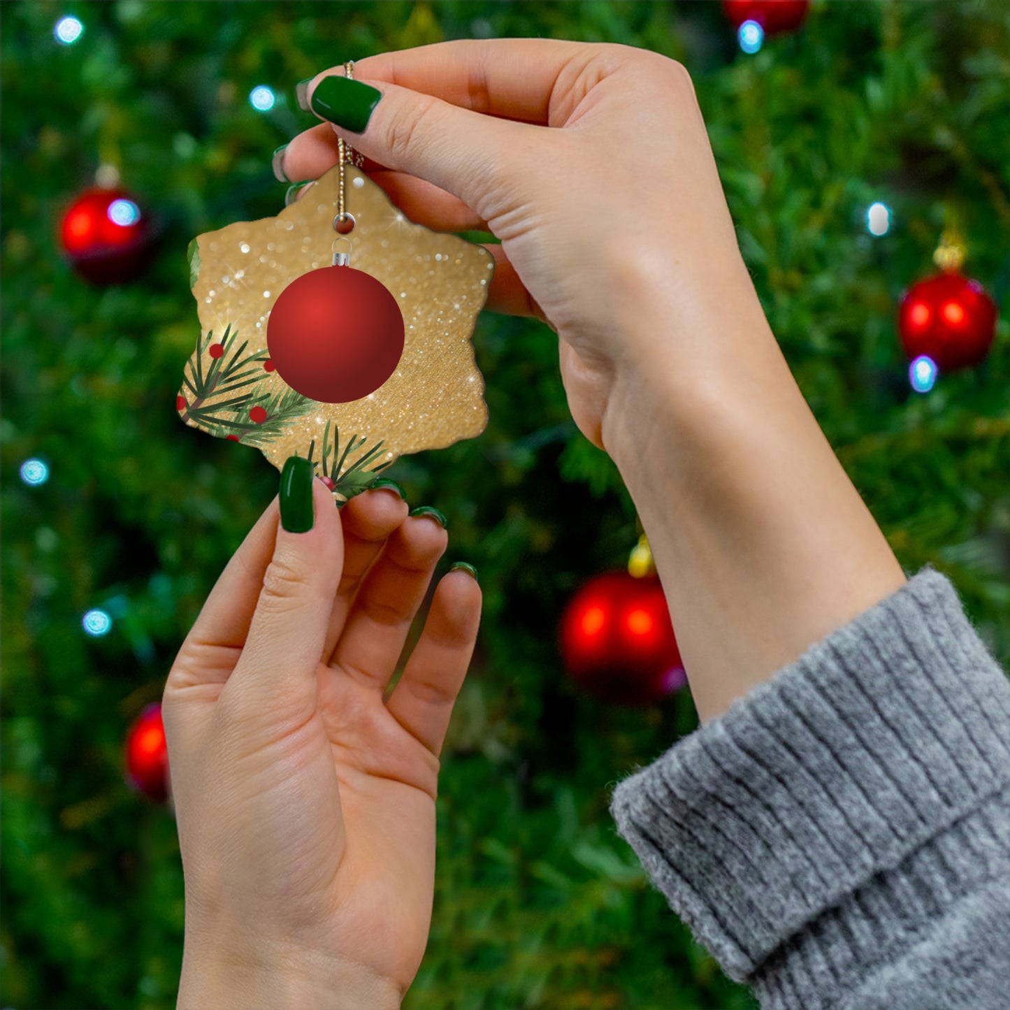 Festive Red Glow - Ceramic Ornament, 4 Shapes