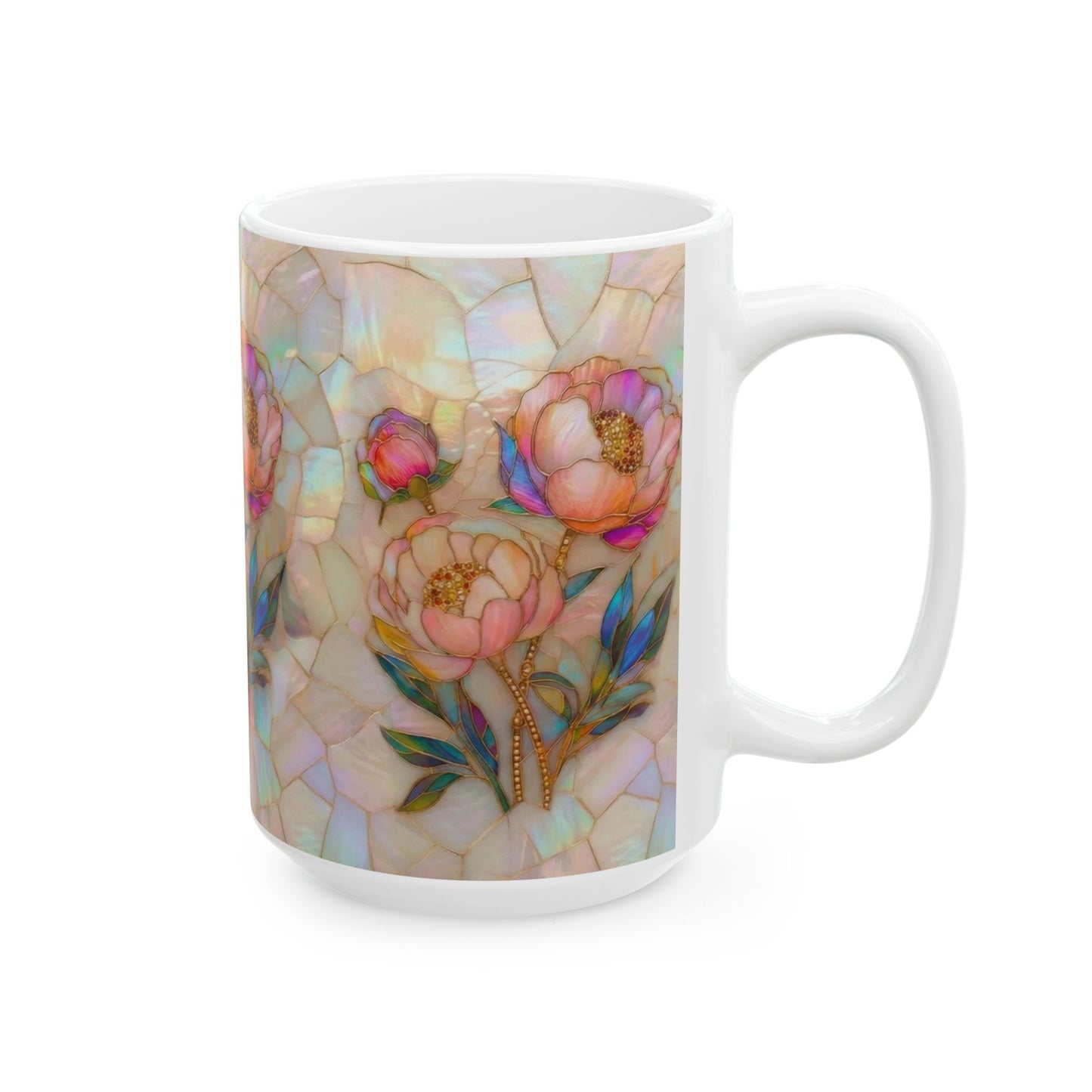 Floral Mosaic Ceramic Mug — Iridescent Peony Stained-Glass Design (11oz & 15oz) - 14518
