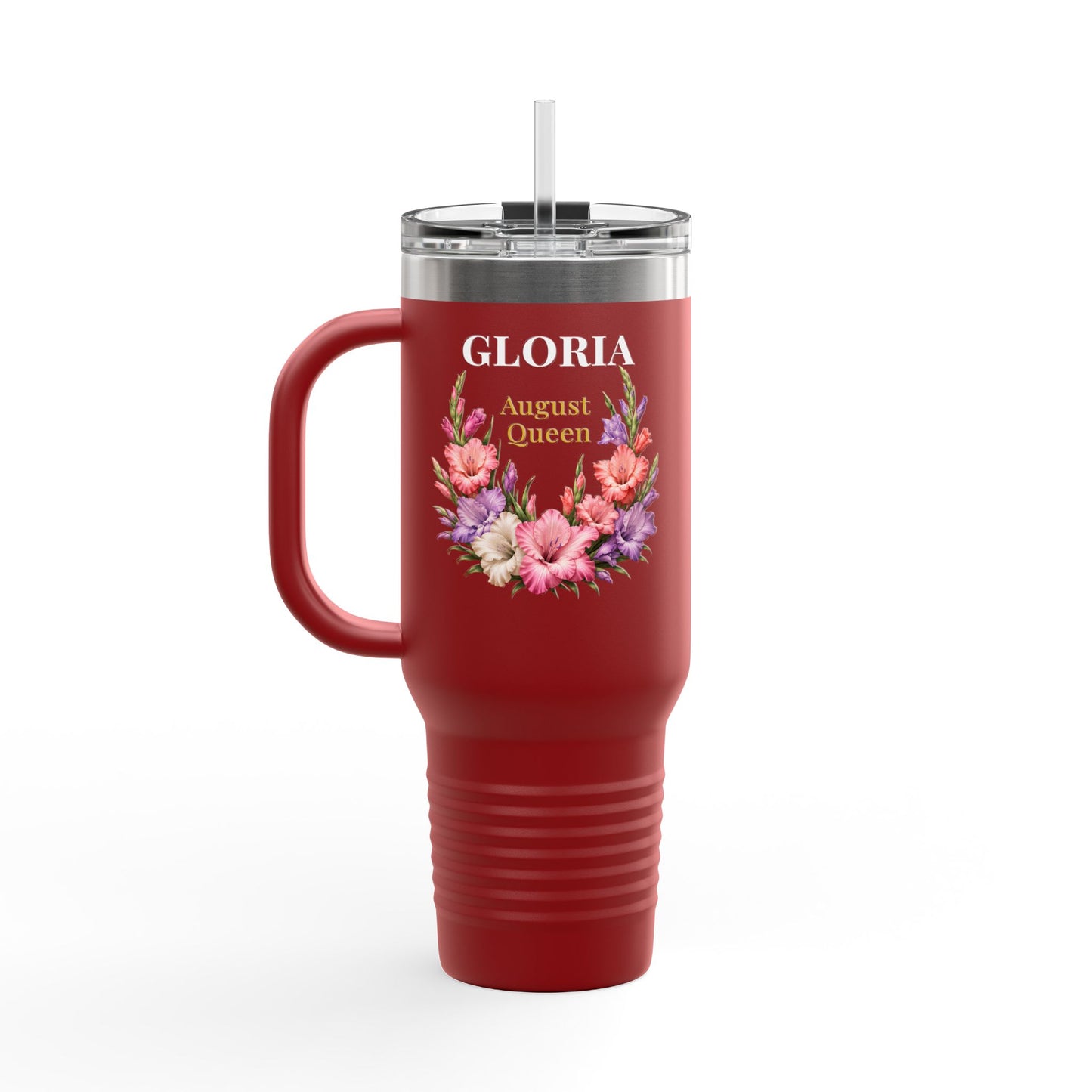 Personalized August Queen 40oz Insulated Travel Mug – Custom Name Floral Birthday Tumbler - 14917