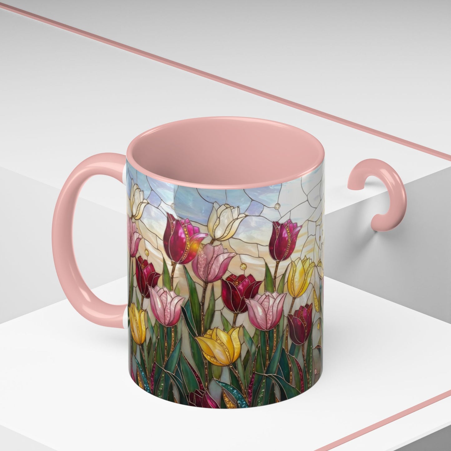 Tulip Stained Glass Accent Coffee Mug — Floral Spring Tea & Coffee Cup (11/15oz) - 14525