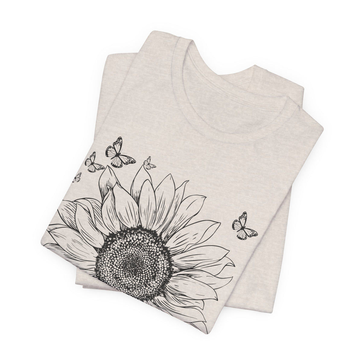 Sunflower Sketch T-Shirt, Vintage Botanical Sunflower & Butterfly Graphic Tee - 14982