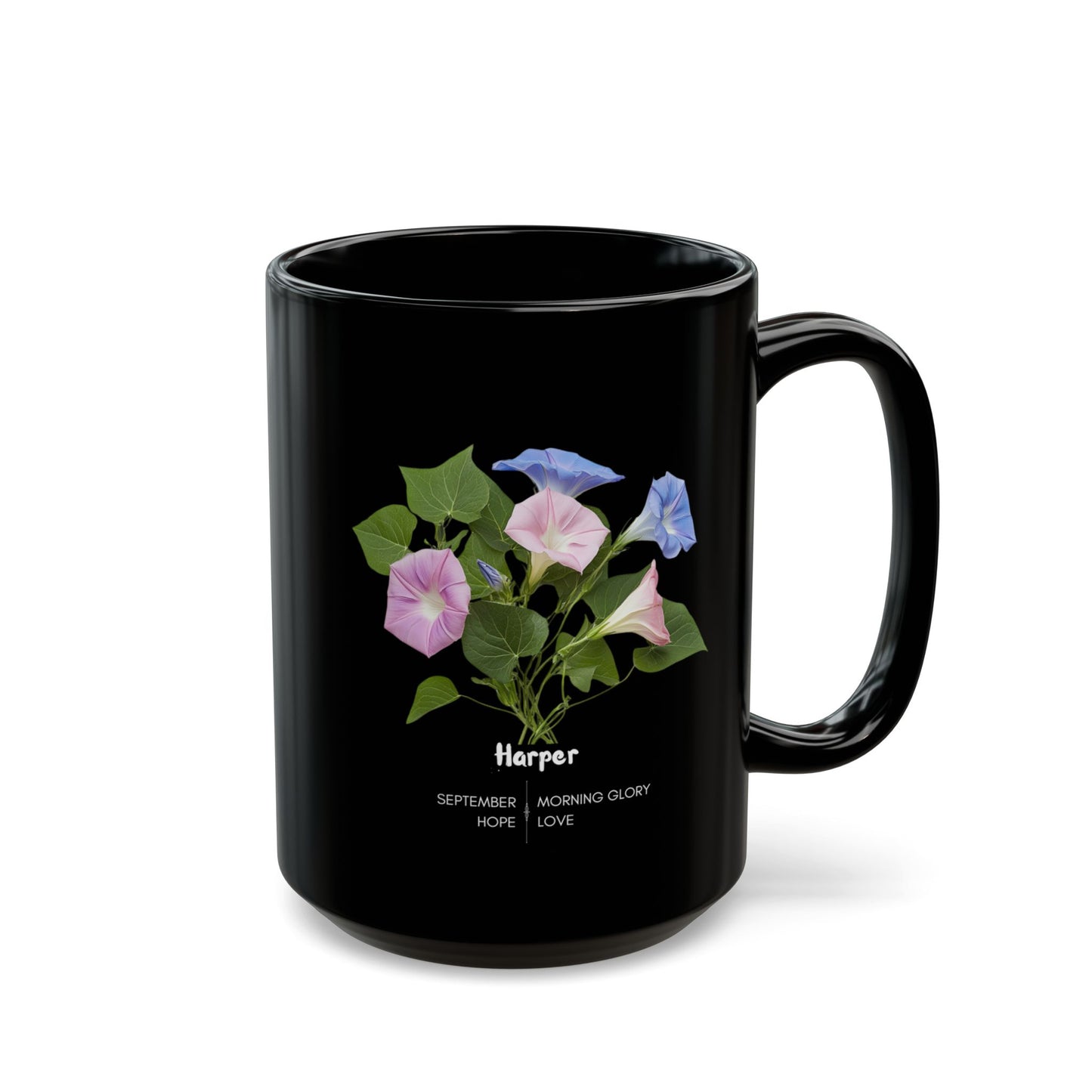 The Happy Birthday: September Born, Morning Glory Flower, Customizable - Black Mug (11oz, 15oz)