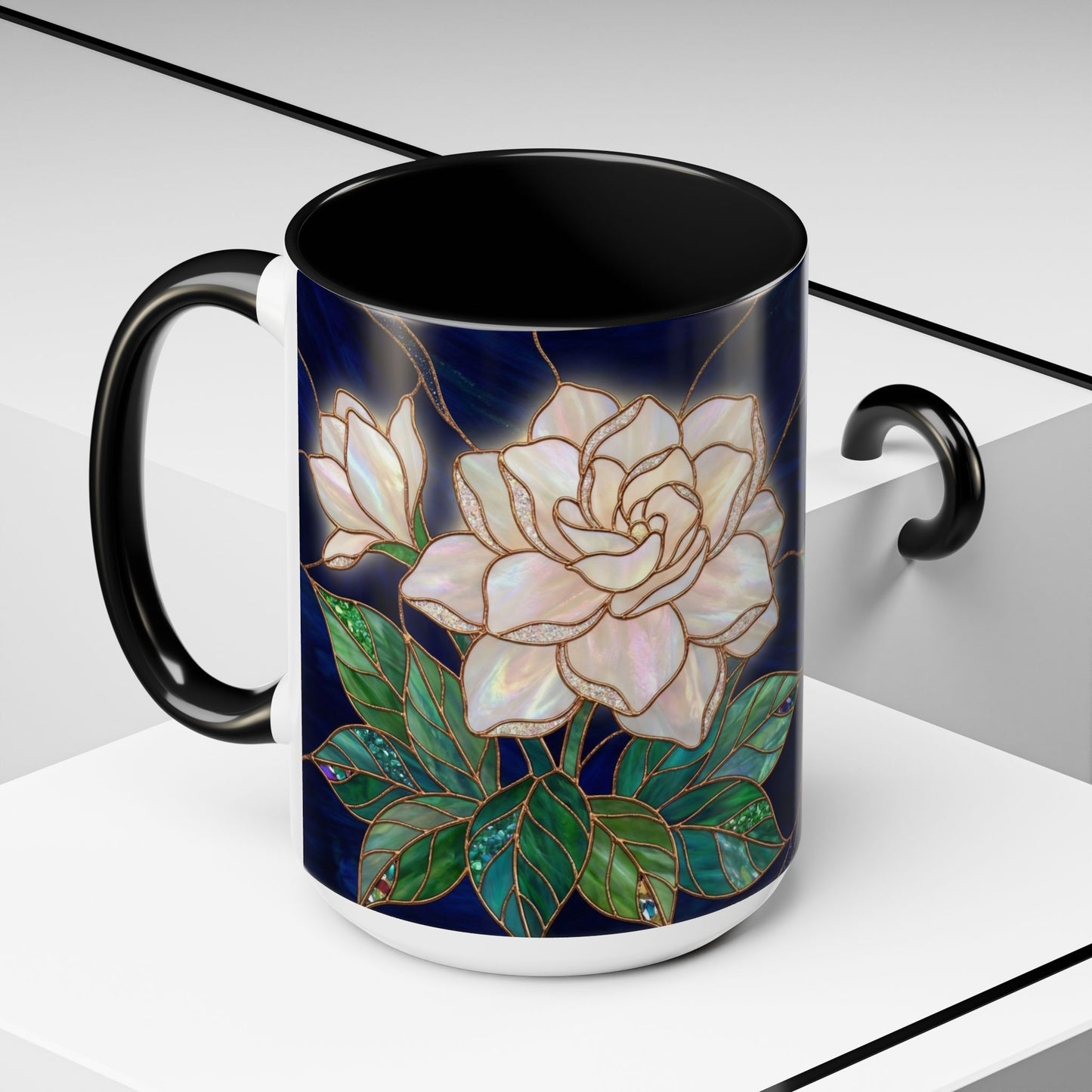 Gardenia Floral Accent Coffee Mug  - Stained-Glass Design (11/15oz) - 14567
