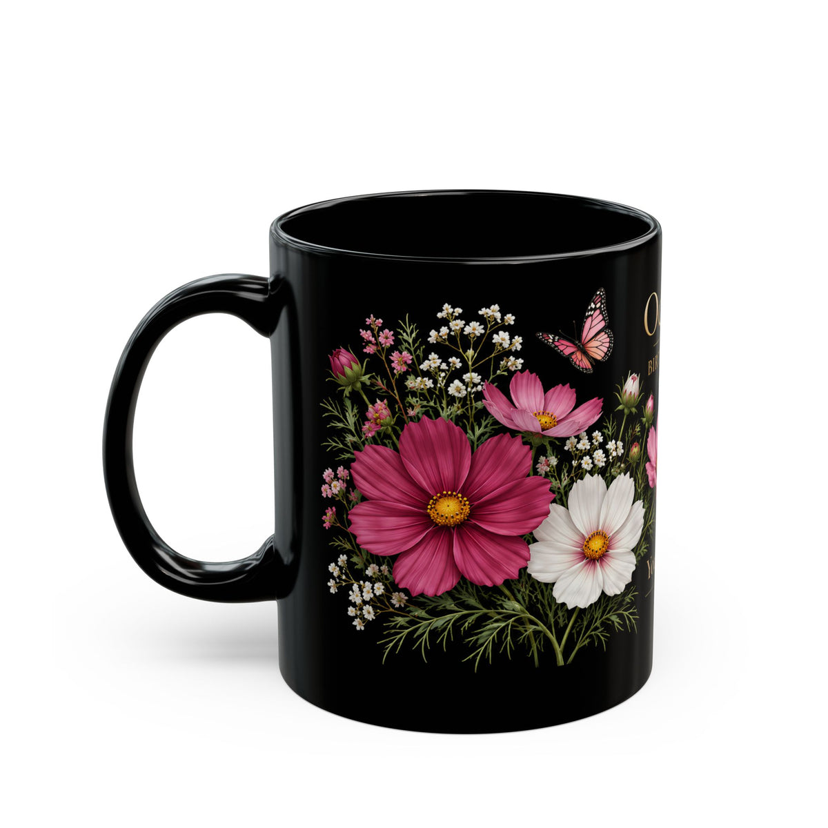 October Birth Flower Mug, Personalized Cosmos Black Coffee Cup - 14980