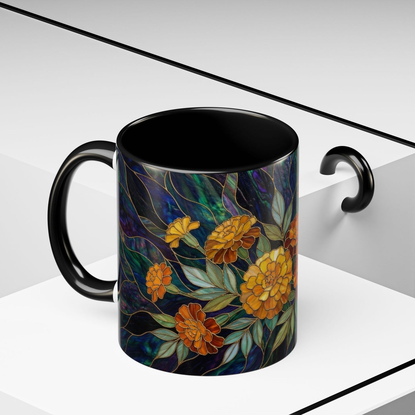 Marigold Floral Coffee Mug — Stained Glass Design  (11/15oz) - 14532