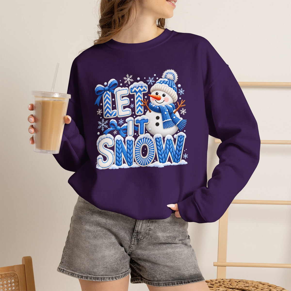 Let It Snow Sweatshirt,  Cute Snowman Winter Christmas Crewneck - 14545