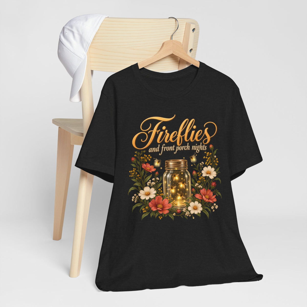 Fireflies and Front Porch Nights T-Shirt, Vintage Floral Mason Jar Tee - 14567