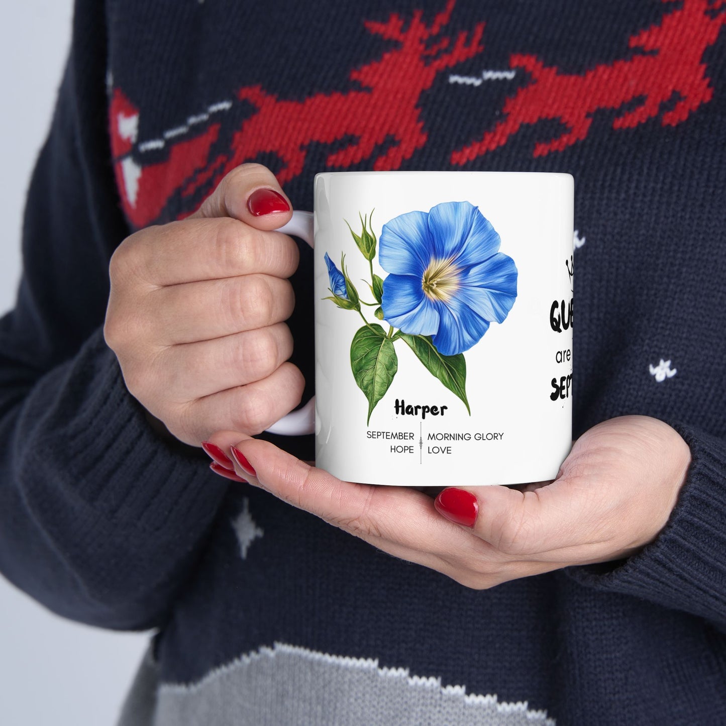 Happy Birthday: Queens Are Born In September, Morning Glory Flower, Customizable - Ceramic Mug, (11oz, 15oz)