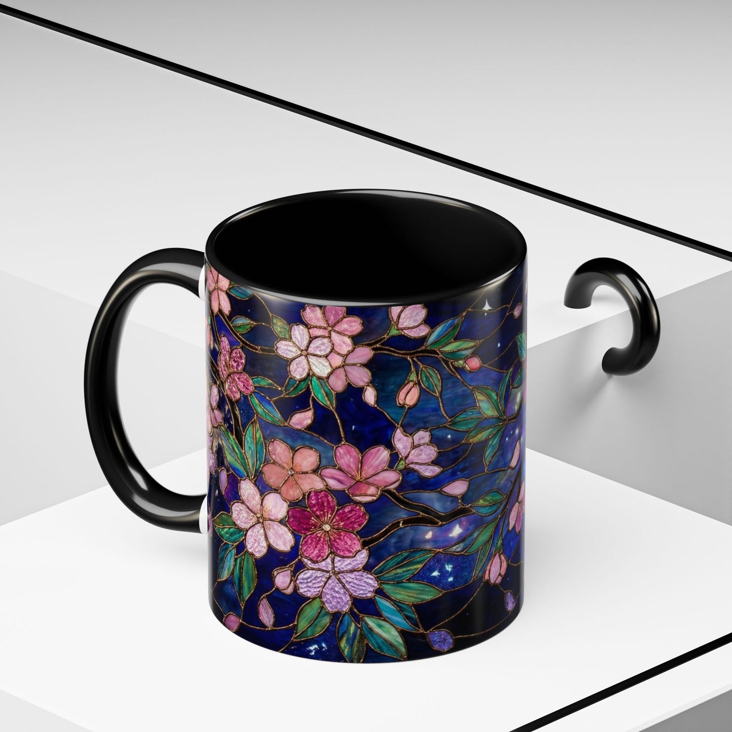 Cherry Blossom Lantern Coffee Mug — Floral Night Sky, Stained Glass Design (11/15 oz) - 14533