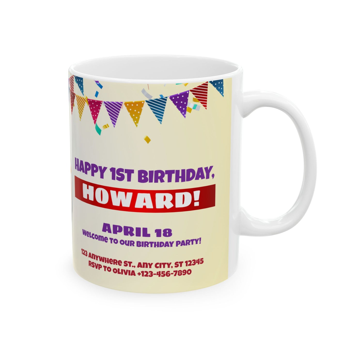 Personalized Birthday Ceramic Mug - Custom 1st Birthday Celebration Cup, Party Favor, Kid's Birthday Gift, Colorful Balloons, Fun Memories - 13997