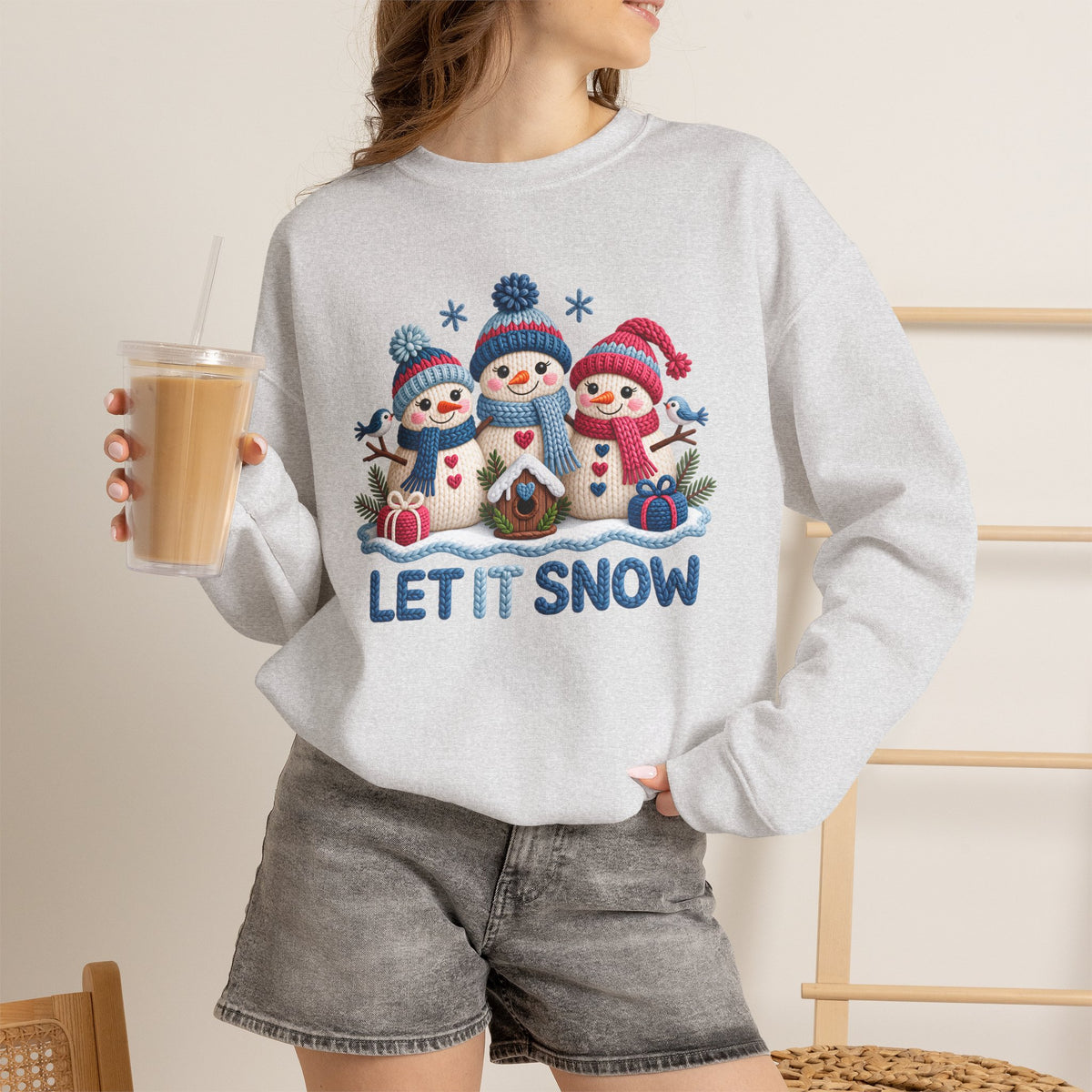 Let It Snow Sweatshirt, Cute Knitted Snowmen Christmas Crewneck - 14570