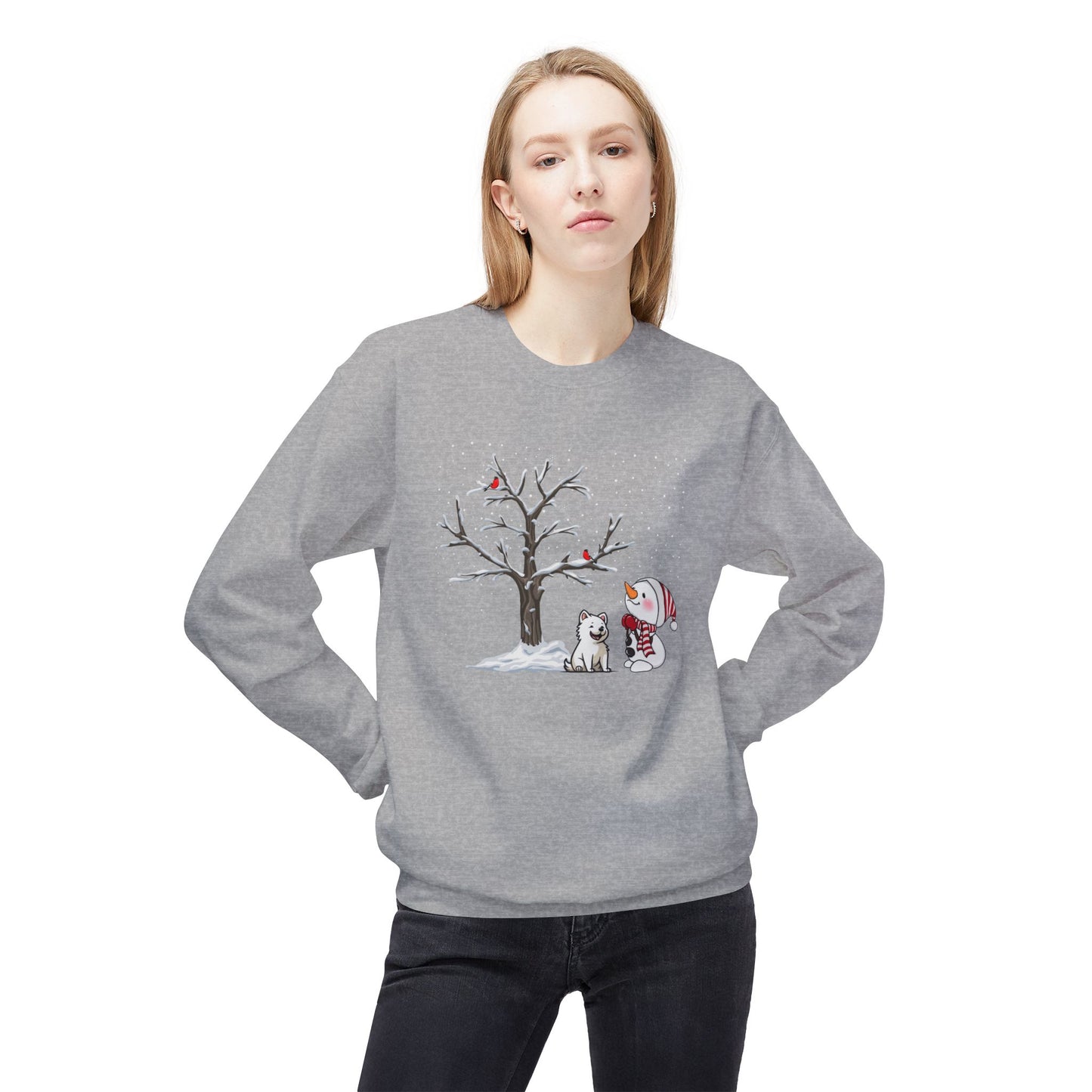 Winter Tree, Snowman & Puppy - Unisex Midweight Softstyle Fleece Crewneck Sweatshirt - 10393