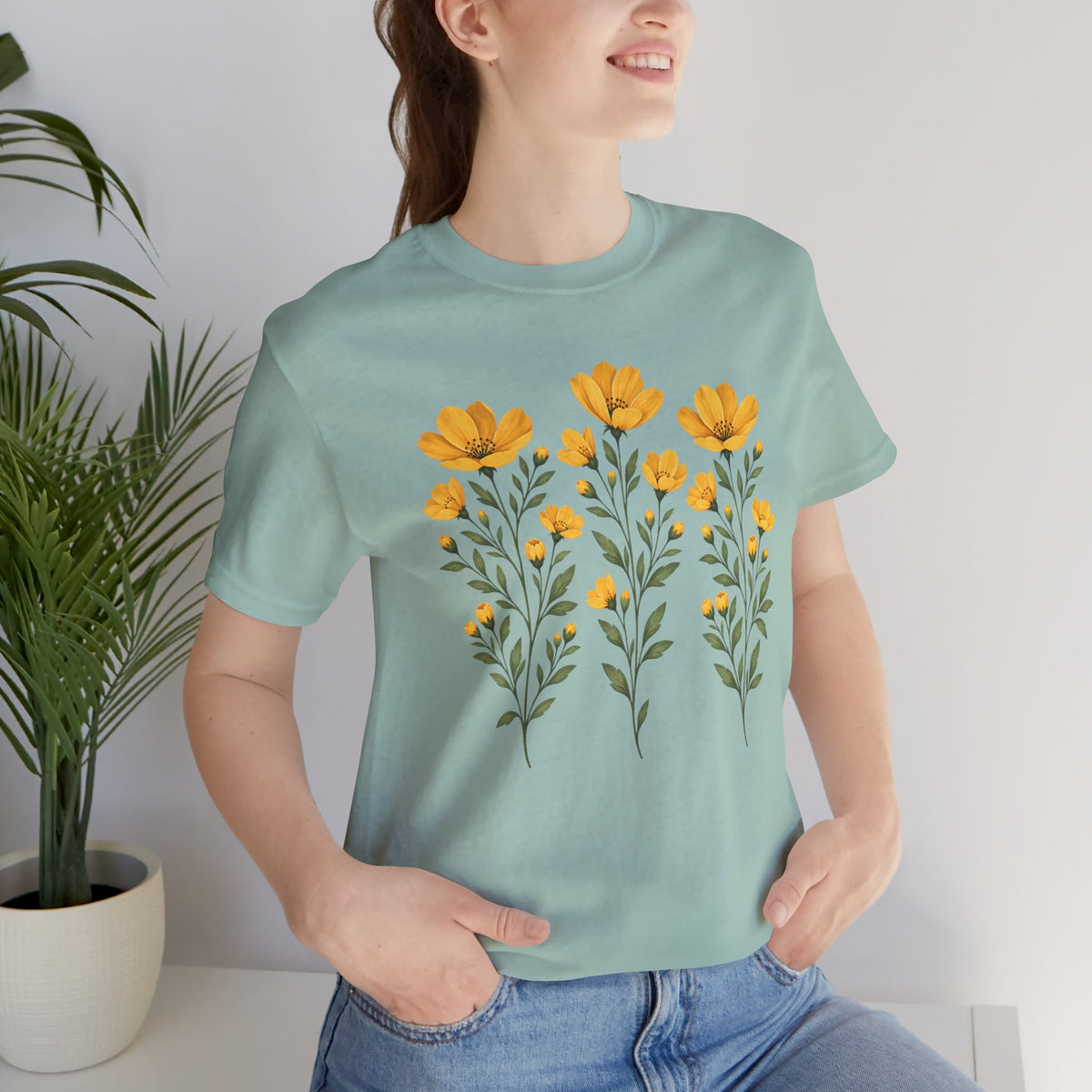 Golden Yellow Wildflower T-Shirt, Vintage Botanical Floral Tee - 14544