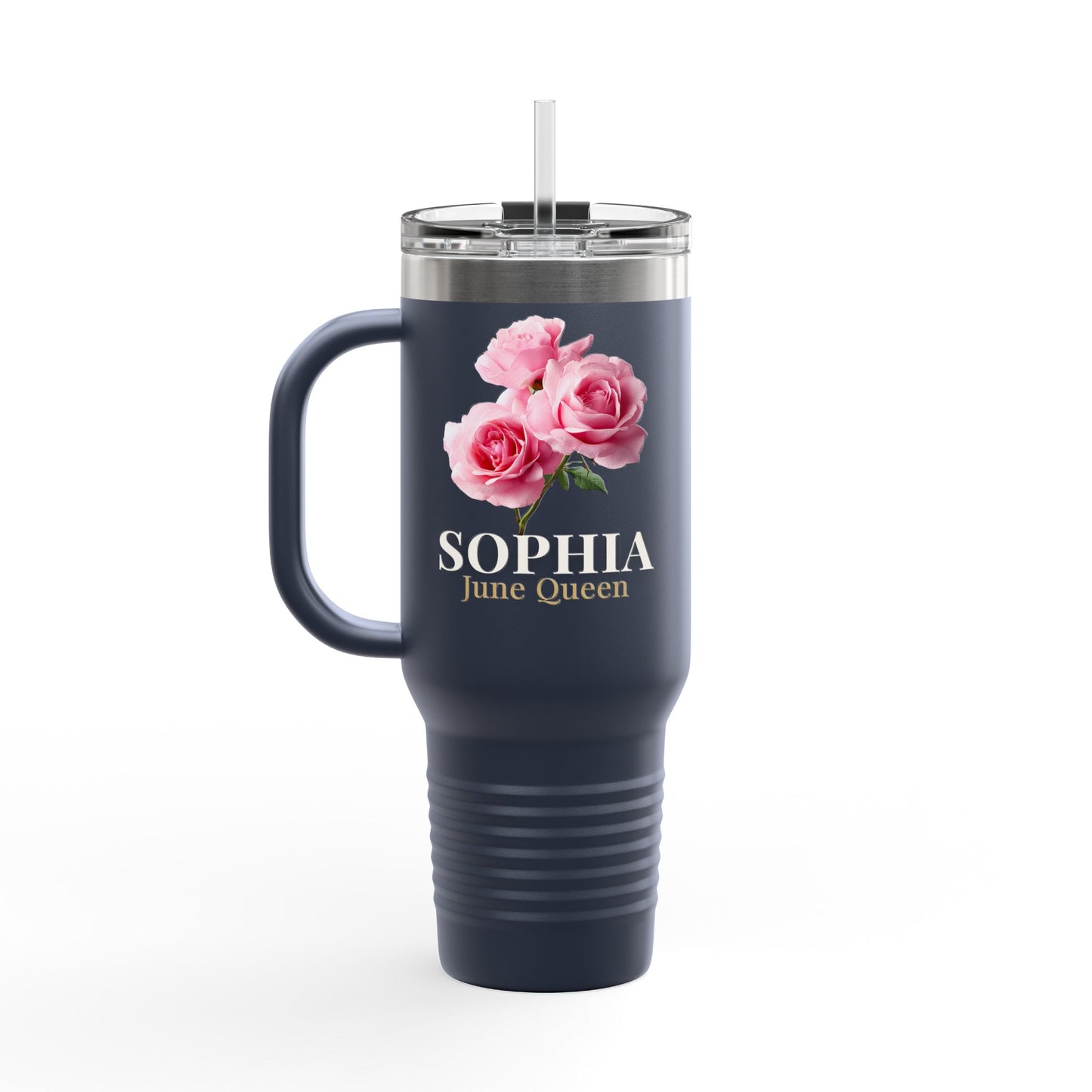 Personalized June Queen 40oz Travel Mug – Custom Name Floral Insulated Tumbler Gift for Her - 14903