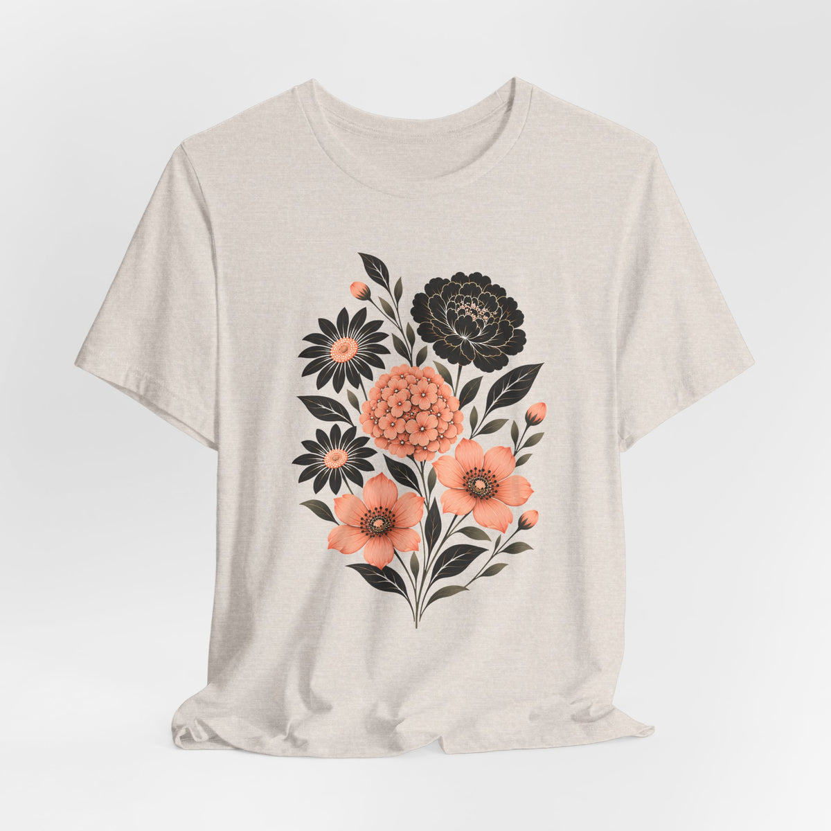 Floral Bouquet T-Shirt, Peach & Black Garden Flower Tee - 14502