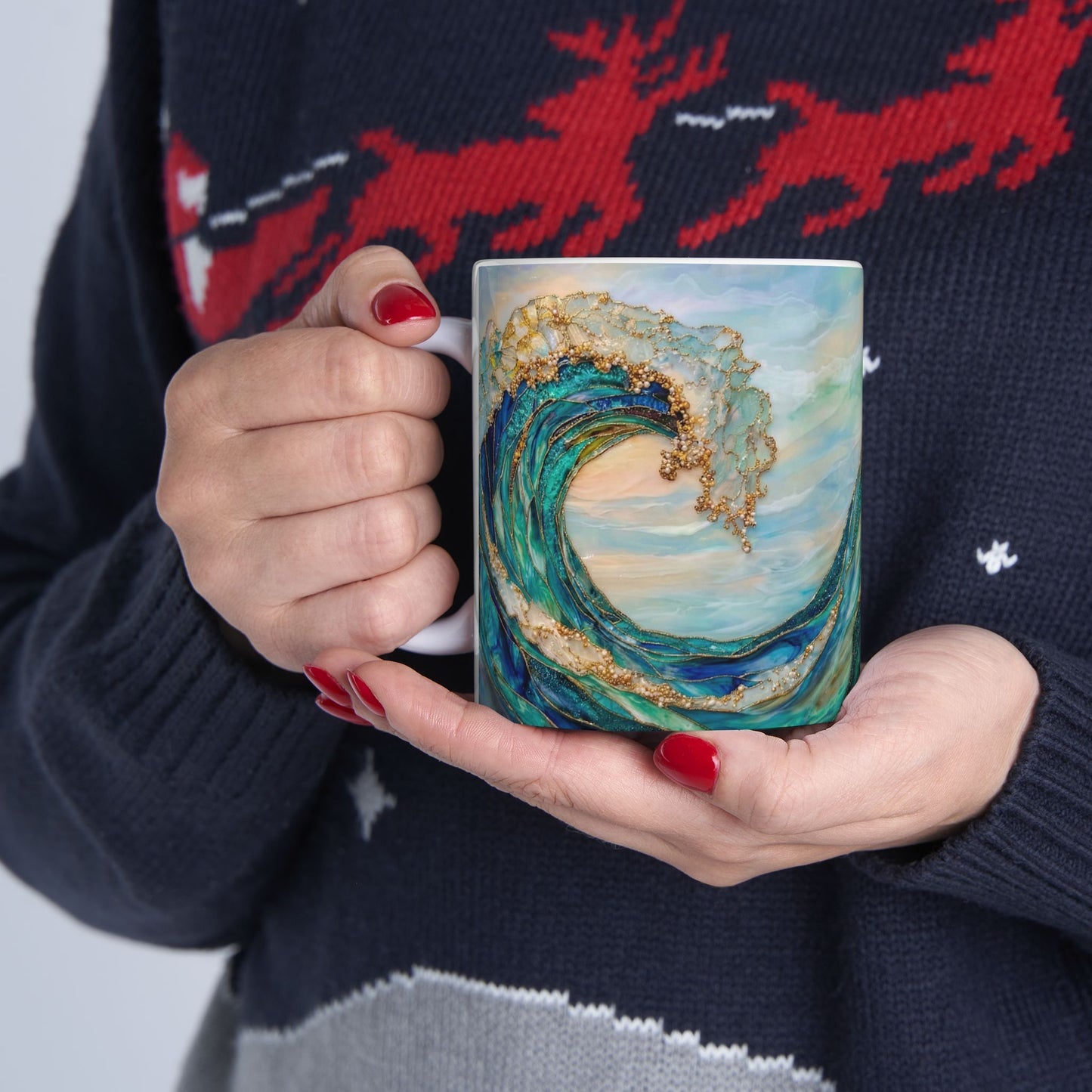 Ocean Wave Ceramic Mug — Teal & Gold Coastal Art Coffee Cup (11oz, 15oz) - 14522