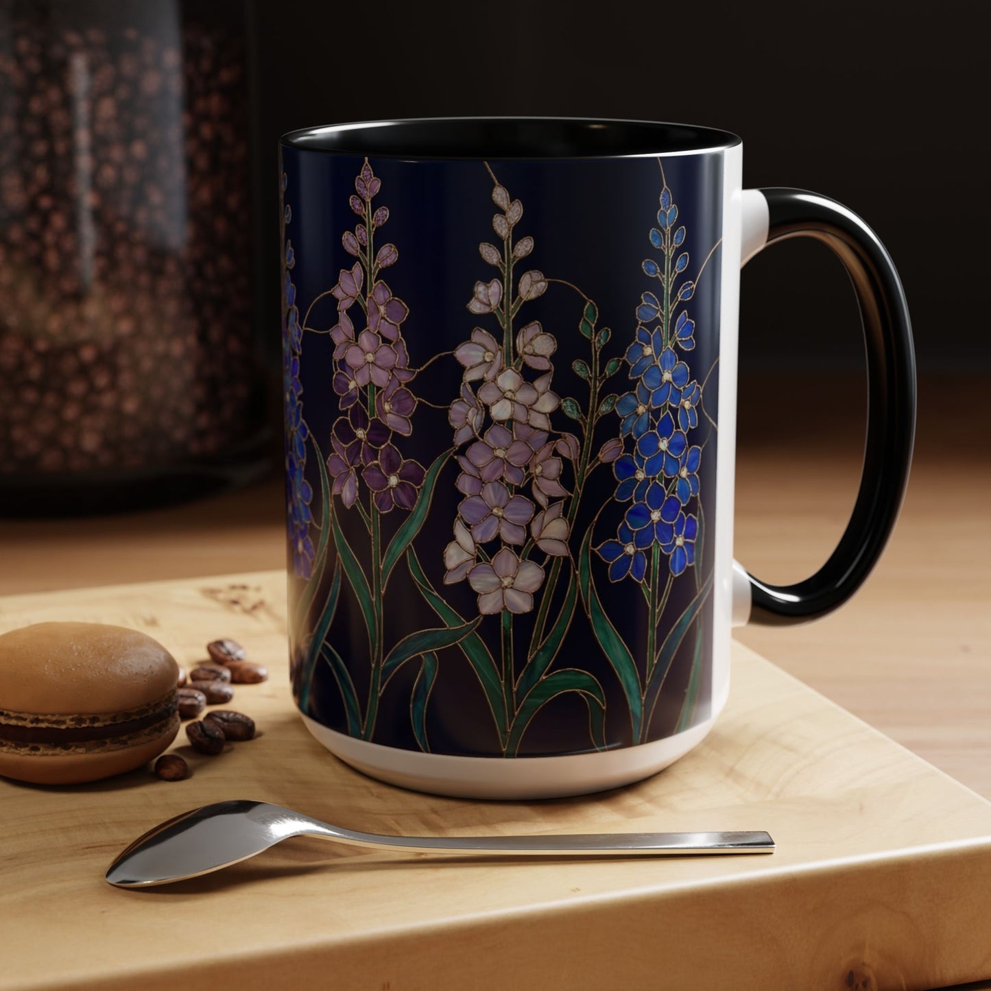 Larkspur Floral Accent Coffee Mug —  Stained-Glass Garden Design (11/15oz) - 14595