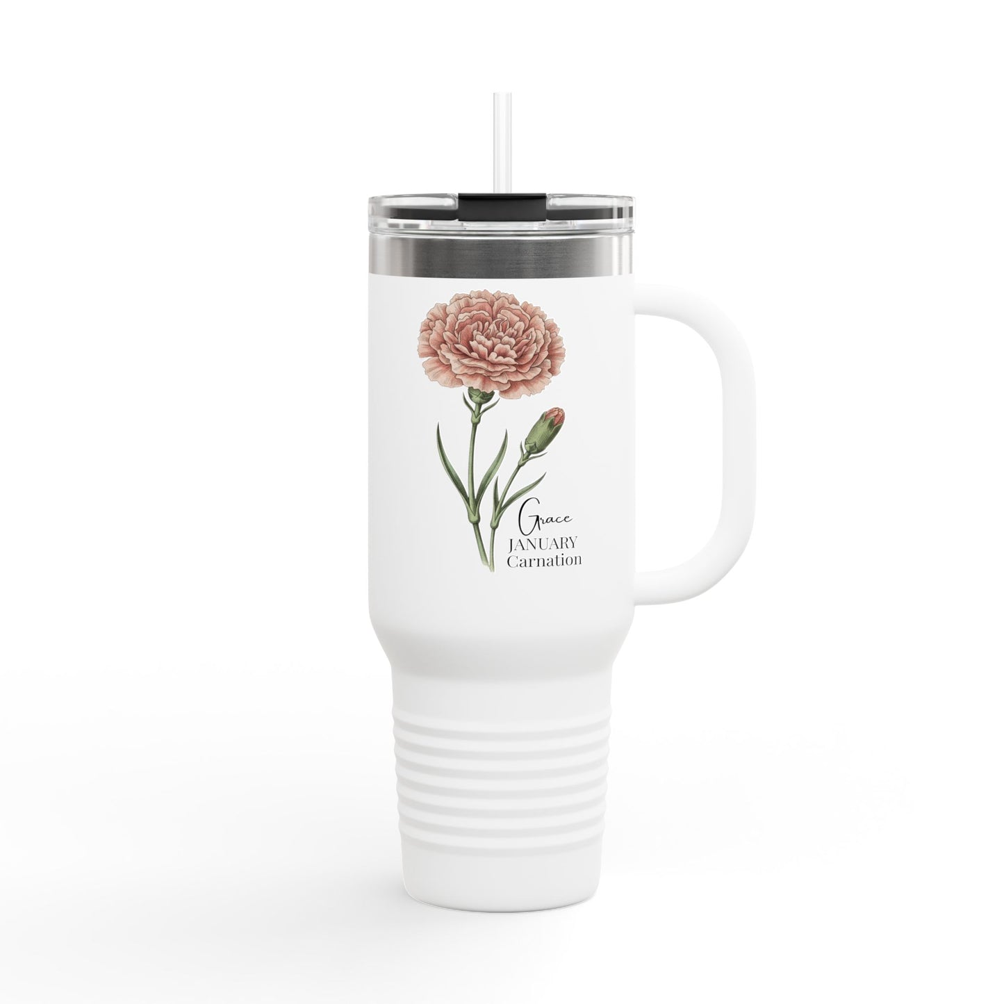 Carnation Floral Tumbler (Expressive) – January Birth Flower Gift | 40oz Insulated Travel Mug, Customizable — 14691