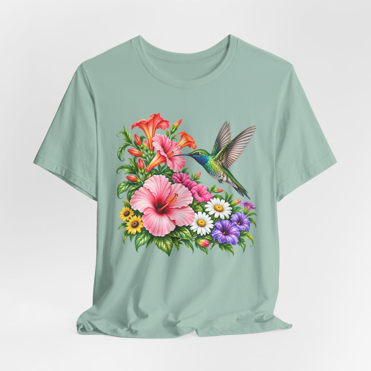 Hummingbird & Hibiscus T-Shirt, Colorful Tropical Floral Garden Tee - 14542