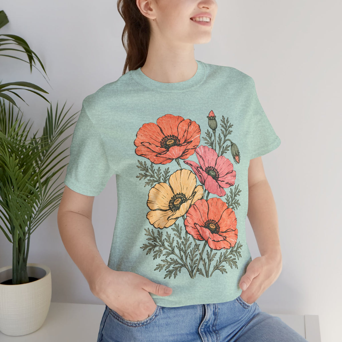 Floral Poppies T-Shirt, Vintage Wildflower Graphic Tee - 14988