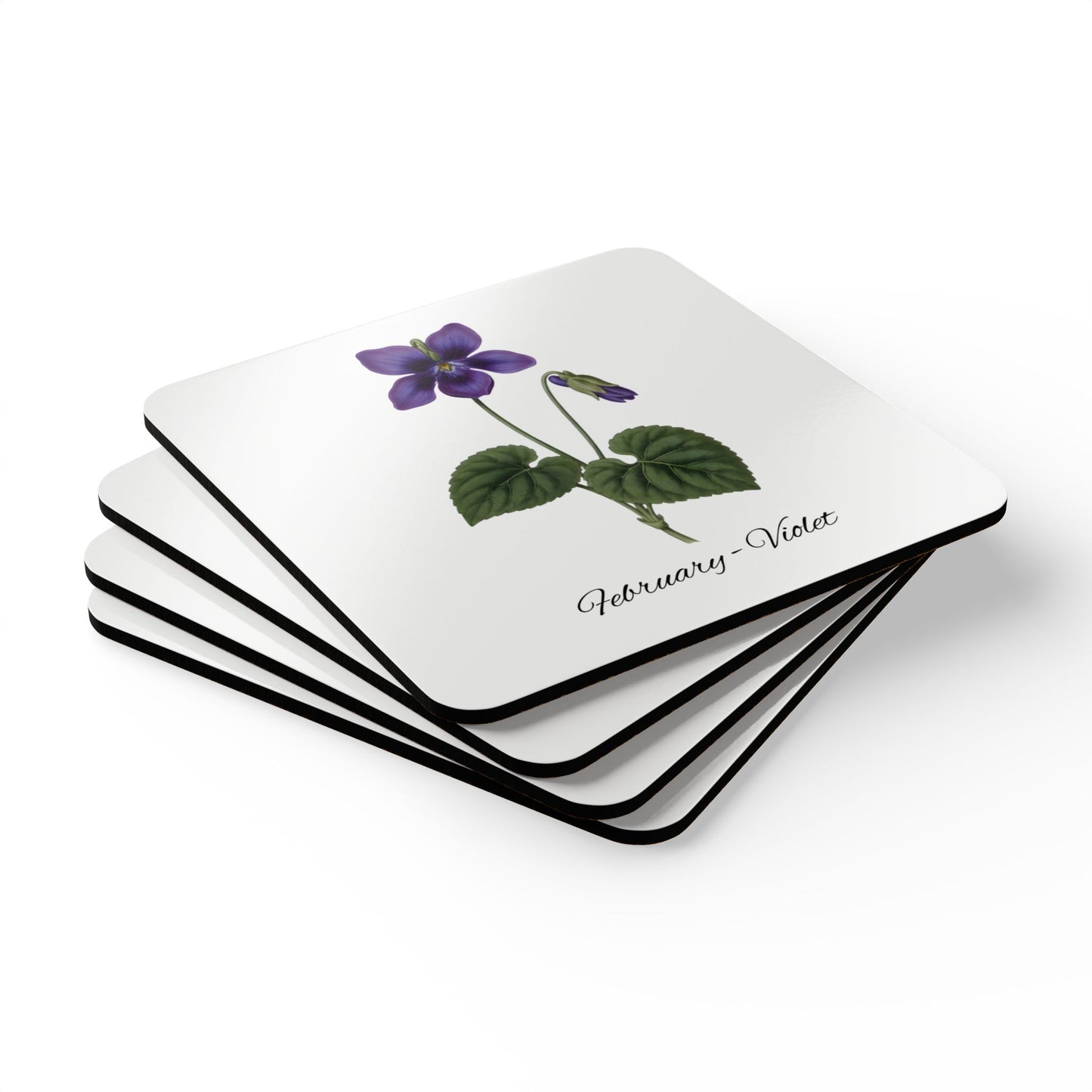 February Birth Flower Violet Cork Coaster Set – Personalized Name Gift - 14696