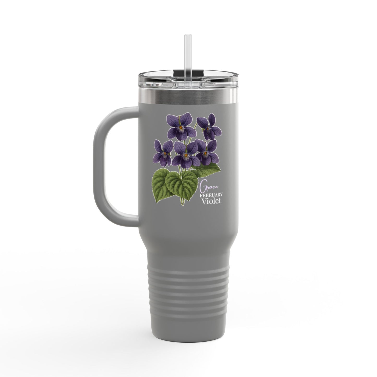 Violet Floral Tumbler – February Birth Flower Gift | 40oz Insulated Travel Mug, Customizable — 14688