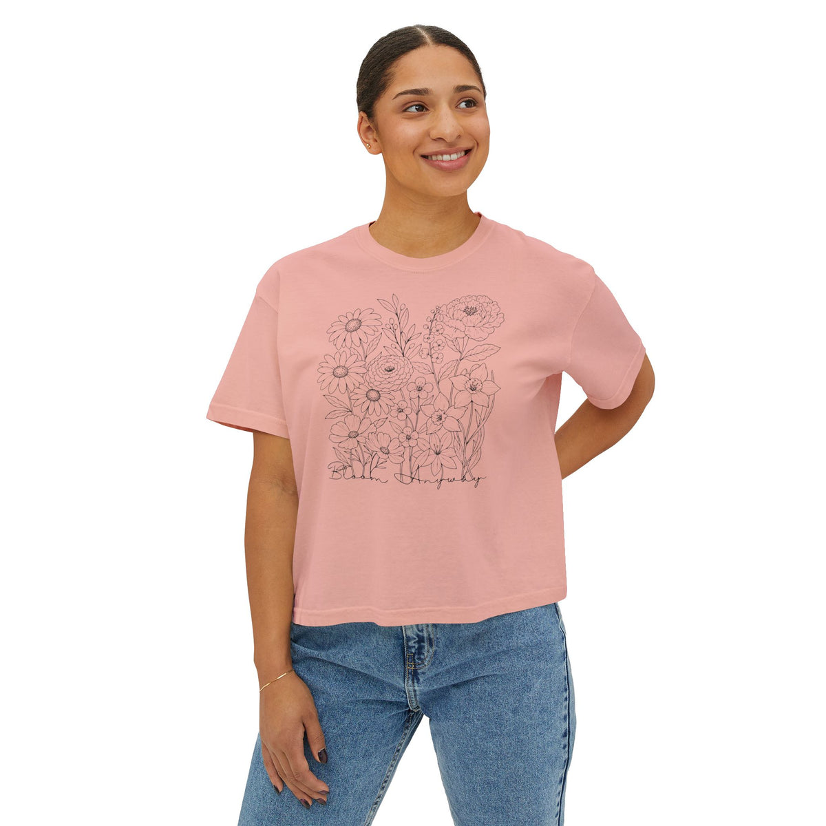 Floral Line Art Boxy T-Shirt, Women’s Botanical Sketch Tee - 14987