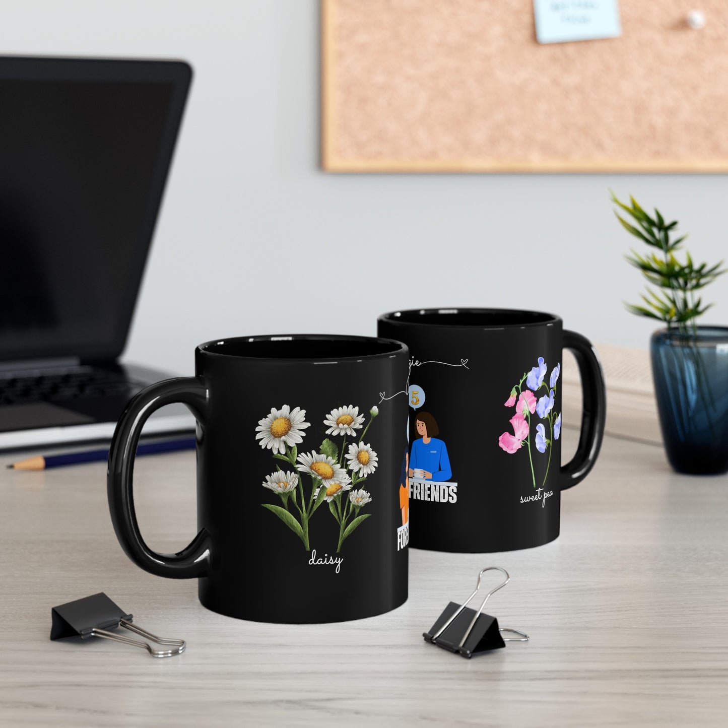 Happy Birthday April Mug - Featuring Daisy and Sweet Pea, Customized Ceramic Black Mug (11oz, 15oz)