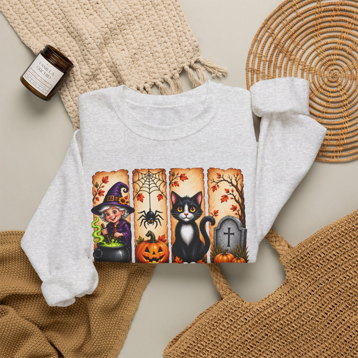 Midnight Harvest Halloween Sweatshirt, Witch, Black Cat, Pumpkins & Spooky Fall Crewneck - 14514