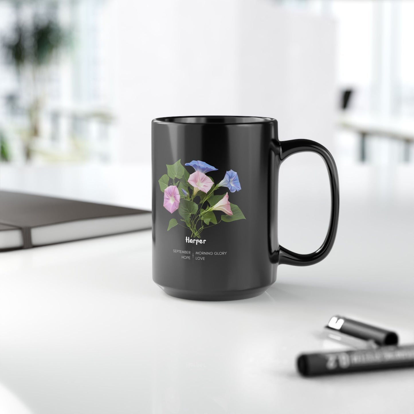 The Happy Birthday: September Born, Morning Glory Flower, Customizable - Black Mug (11oz, 15oz)