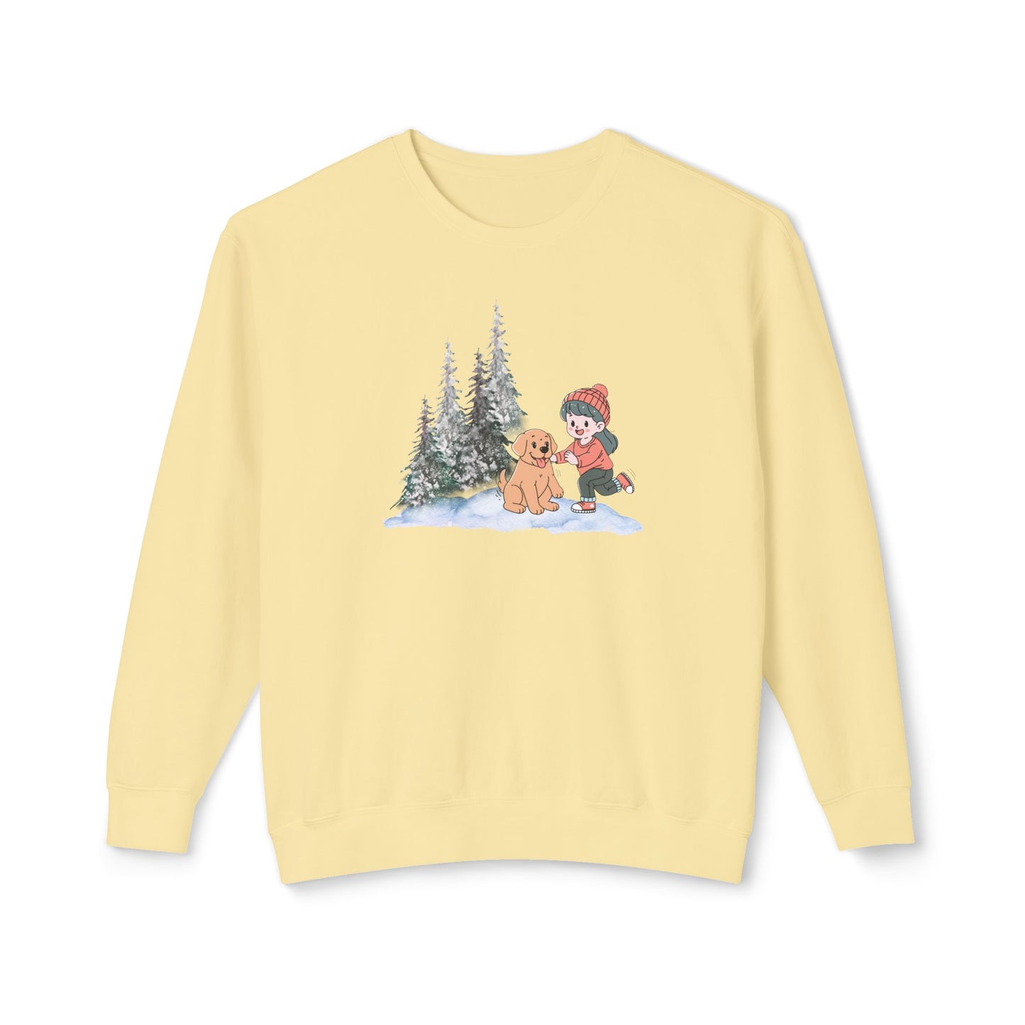 Winter Trees, Girl & Doggy - Unisex Lightweight Crewneck Sweatshirt - 10262