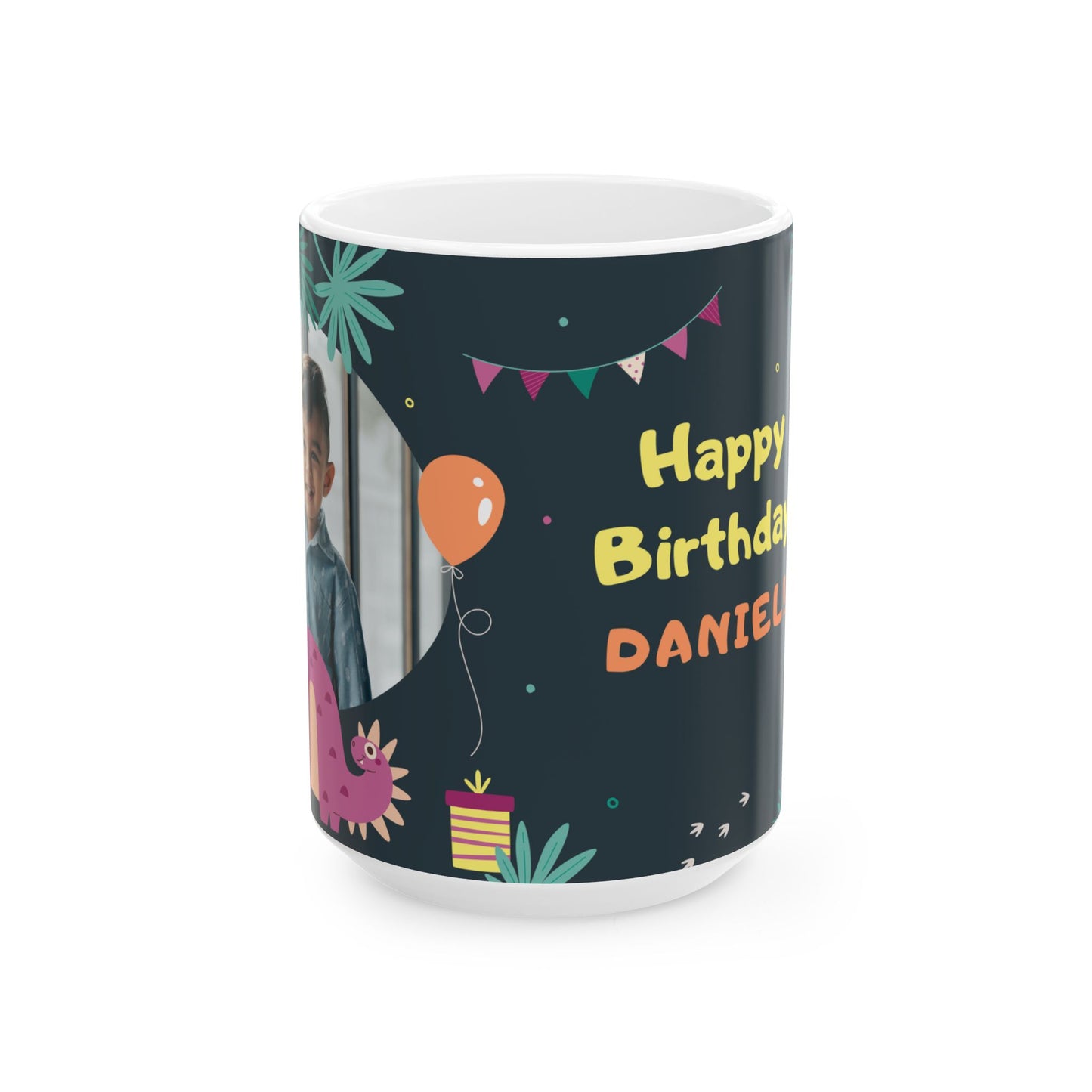 Happy Birthday, Dinosaur Lover, Photo & Name Customizable - Ceramic Mug, (11oz, 15oz) - 11238